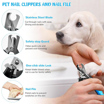 Dog Brush & Grooming Kit – 9-Piece Pet Brush & Deshedding Set for Shedding, Bathing, Trimming & Nail Care | Grooming Tools for Dogs & Cats, Includes Comb, Nail Clipper, Scissors, Slicker Brush (Blue)