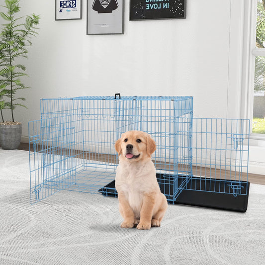 30 Inch Dog Crates, Dog Crates and Kennels Folding Mental Wire Crates Dog Kennels Outdoor and Indoor Pet Dog Cage Crate with Double-Door,Divider Panel, Removable Tray and Handle, Blue
