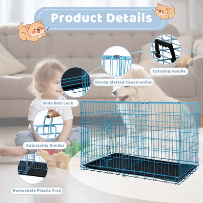 30 Inch Dog Crates, Dog Crates and Kennels Folding Mental Wire Crates Dog Kennels Outdoor and Indoor Pet Dog Cage Crate with Double-Door,Divider Panel, Removable Tray and Handle, Blue